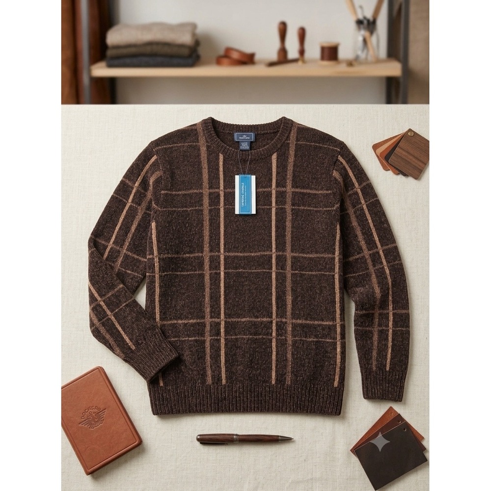 Dockers Mens Textured Chenille Crewneck Sweater Walnut Brown Grid XL 86710 NWT